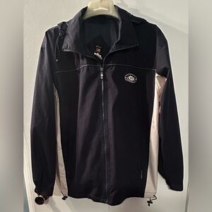 Men's Navy Blue and White Full-Zip Rain Jacket with Cape disappointment, Wa logo